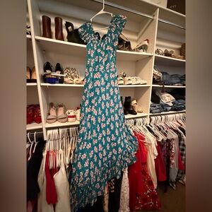 Tiare Hawaii Teal Floral High-Low Maxi Dress